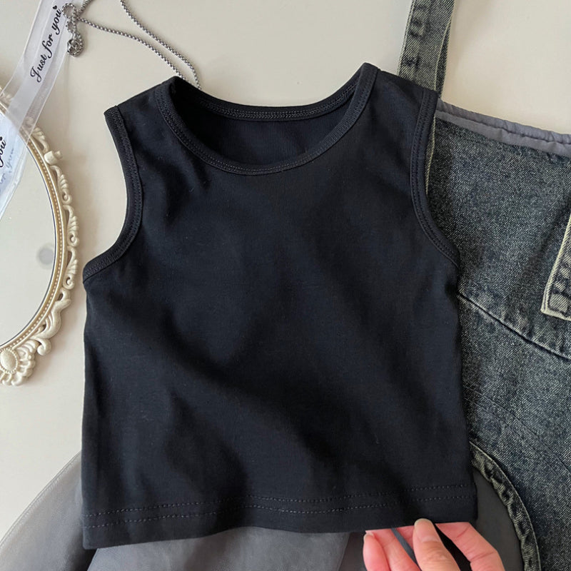 Girls Mesh Patchwork Denim Vest Suspender Skirt Two-piece Set