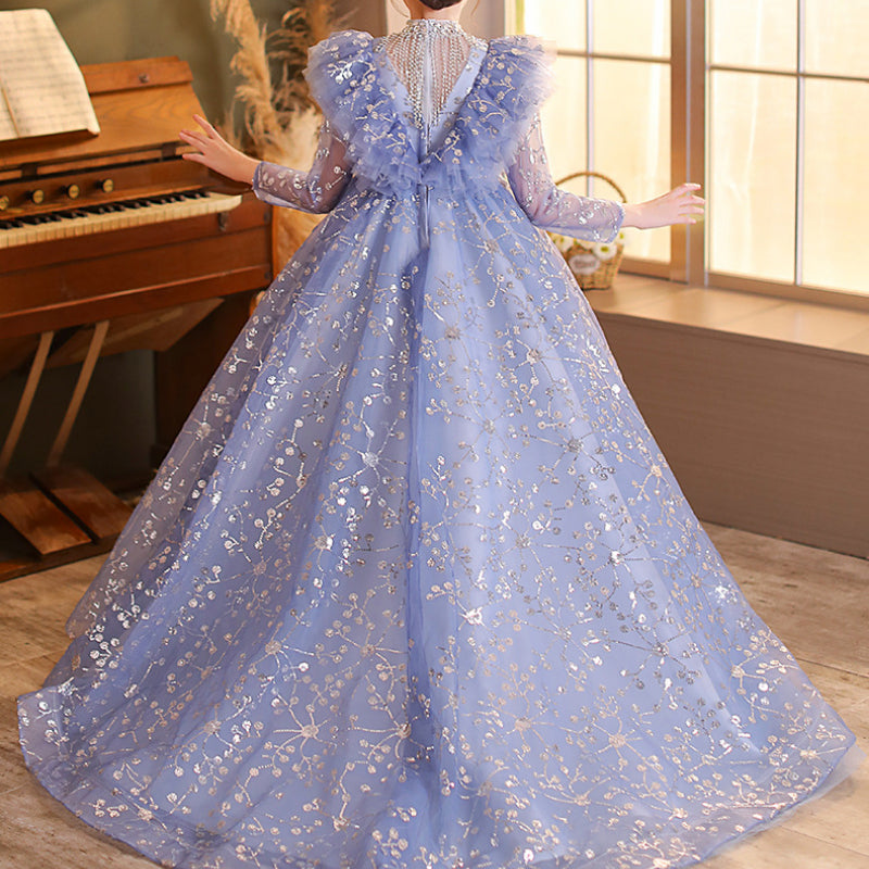 Blue Girls Evening Dress Princess Dress Children Wedding Dress Trailing Dress