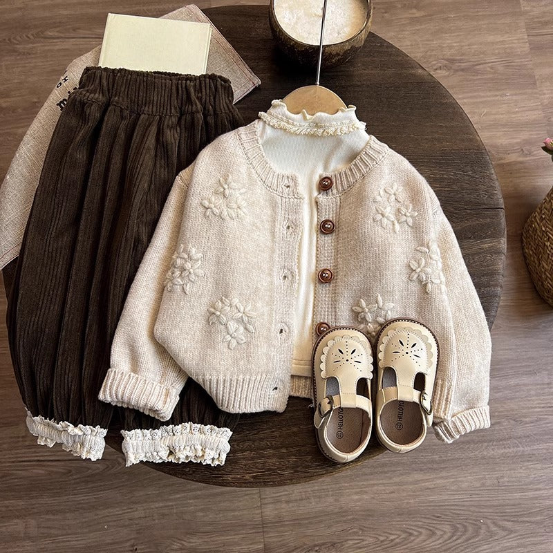 Girls' Autumn New Knitted Sweater Cardigan Bottoming Shirt Pants Three-piece Set