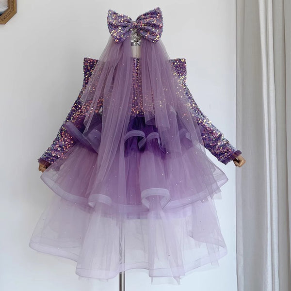 Cute Baby Girl Purple Long Sleeve Sequin Puff Dress Girl Toddler Prom Dress