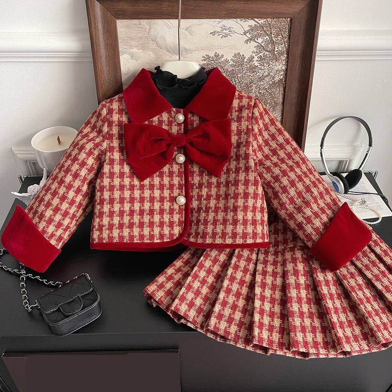 Winter Girls Red Plaid Bow Suit Toddler Two-piece Set