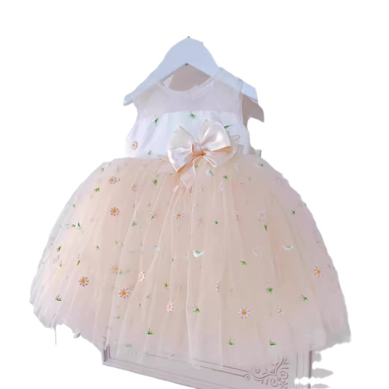 Cute Baby Embroidered Mesh Bow Princess Dress Toddler Flower Girl Dresses