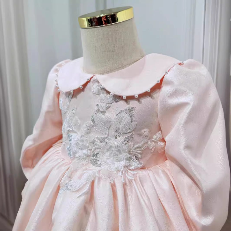 Elegant Baby Pink Doll Collar Puff Long Sleeve Patterned Princess Dress Toddler Pageant Dresses