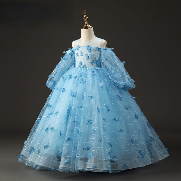 Elegant Baby Girls Blue Butterfly Puff Dress Toddler Girl Party Dresses