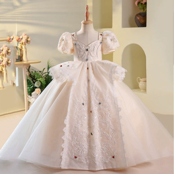 Elegant Baby Puff Sleeve Pattern Strappy Princess Dress Toddler's First Christening Dress