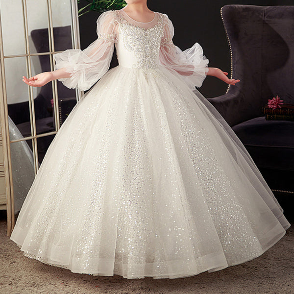 Girls White Sequin Dress Children Birthday Princess Dress