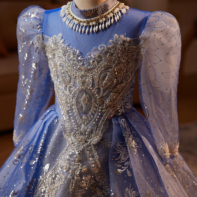 Elegant Baby Girls Blue Long Sleeve Embroidered Evening Dress ToddlerGirls Pageant Dresses
