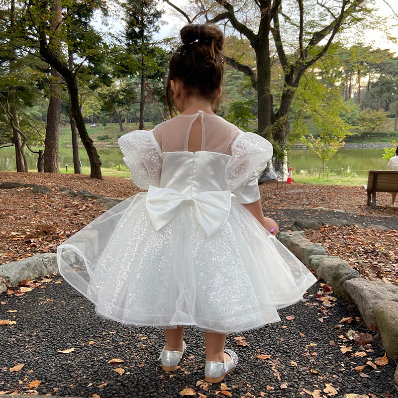Baptism Dresses Baby Girl White Cute Bow Knot Sequin Birthday Party Dresses Toddler Ball Gowns