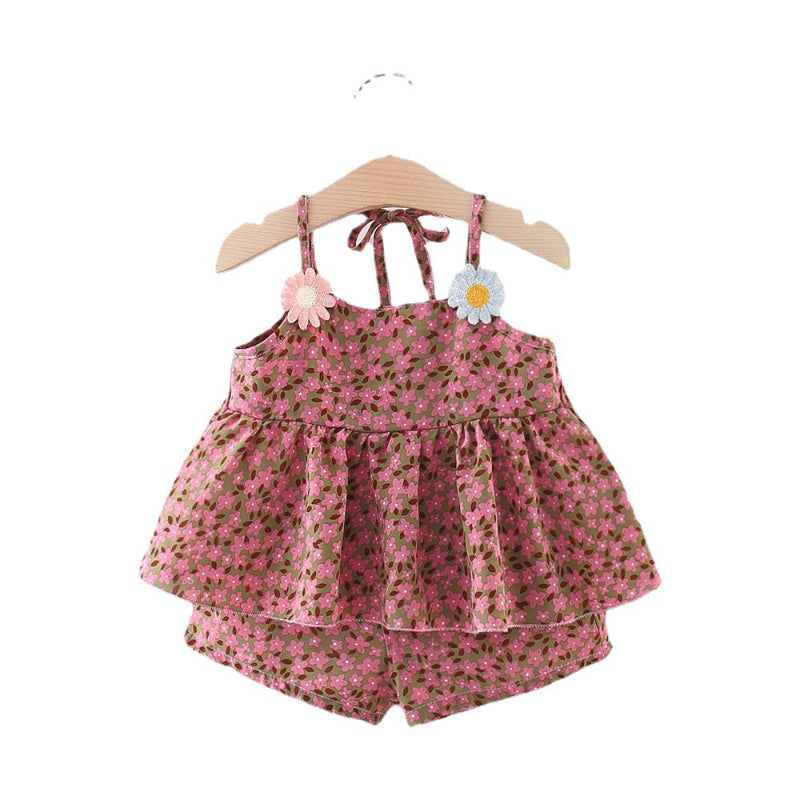 Baby Girl Summer Floral Suspender and Shorts Two-piece Set