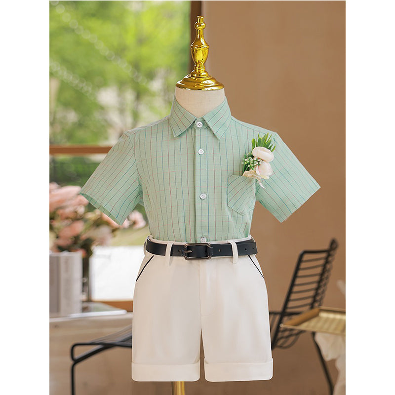 Boys Plaid Short Sleeve Suit with Summer Shorts