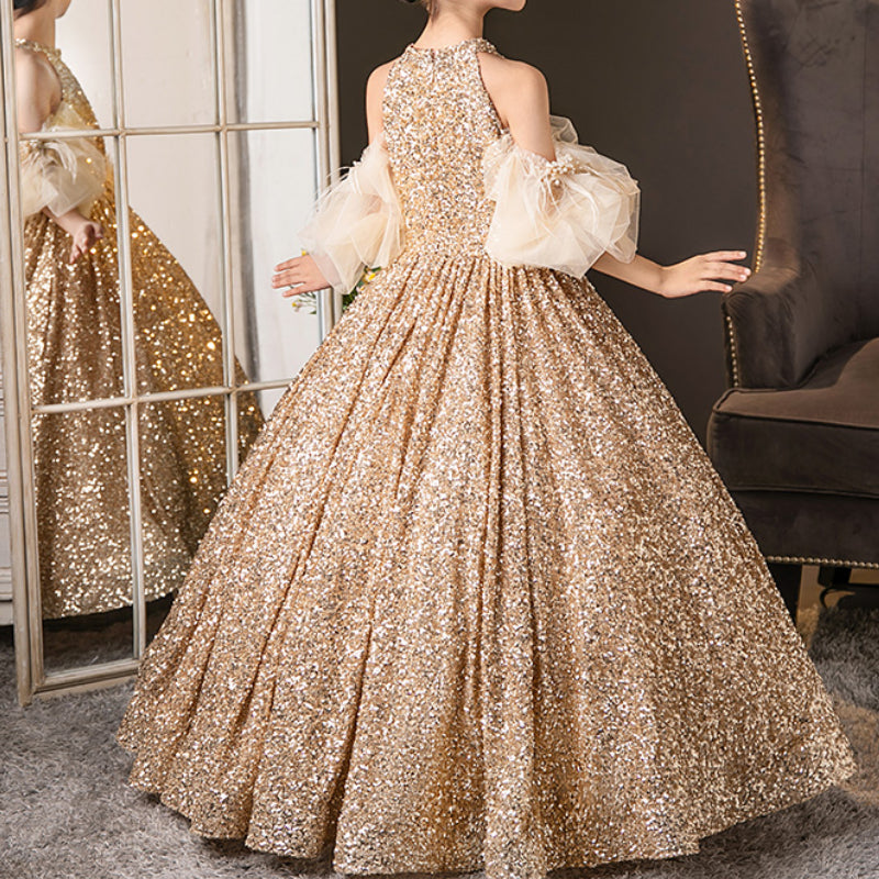 Long Sleeve Girls Gold Glitter Dress Save Big On Bulk Gold Sparkly