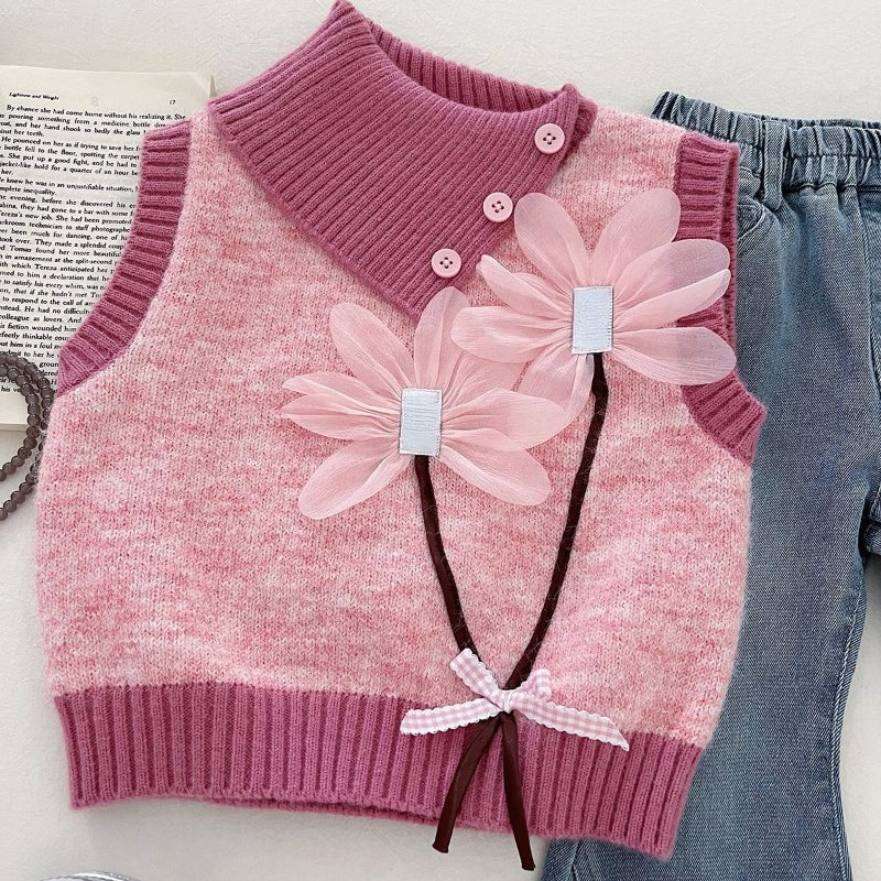 Girls' Autumn Floral Vest Shirt and Flared Jeans Three-Piece Set