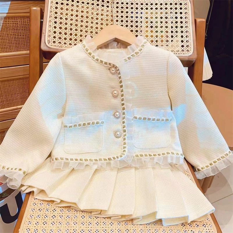 Girls' Mesh Spliced Jacket and Pleated Skirt Two-Piece Set