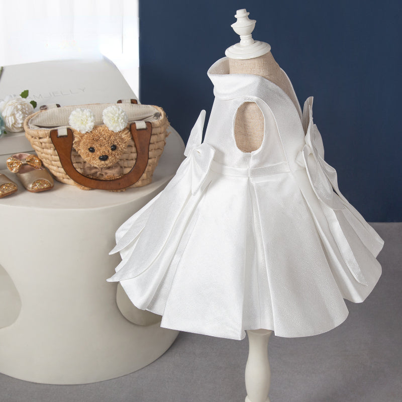 Elegant Baby White Sleeveless Backless Pleated Bow Dress Toddler Communion Dress