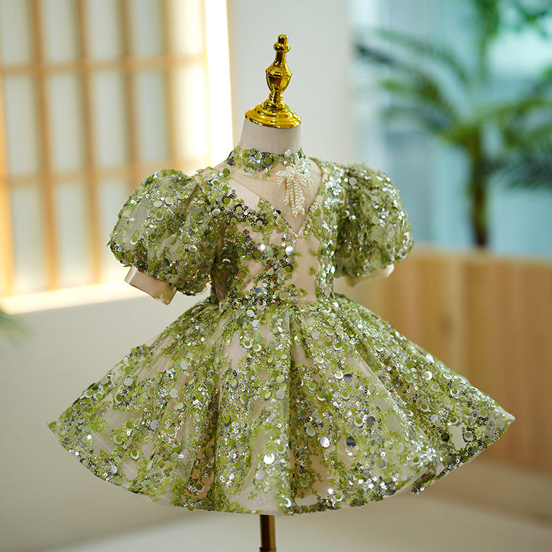 Baby Girl Summer Green Puff Sleeve Sequin Birthday Party Princess Dre marryshe Baby Girl Summer Green Puff Sleeve Sequin Birthday Party Princess Dre marryshe