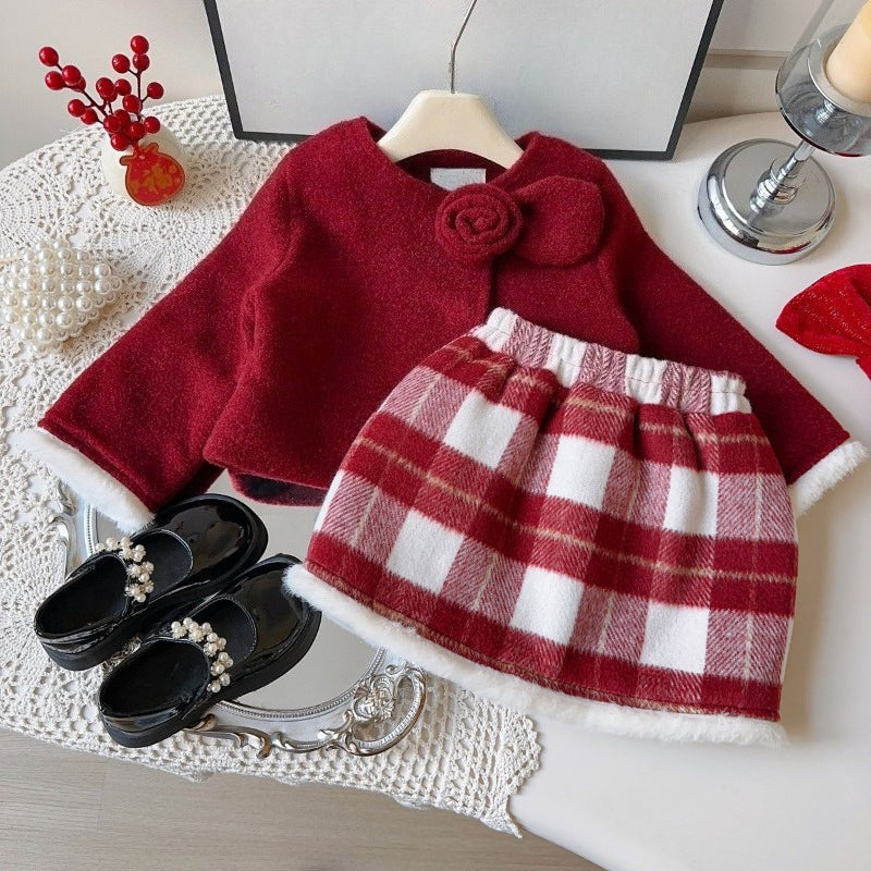 Winter Girls' Jacket and Plaid Skirt Two-Piece Set