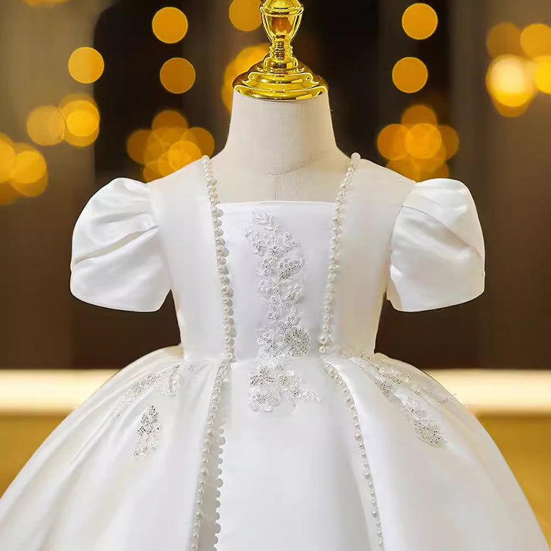 Children's White Birthday Dress Princess Dress with Pearls