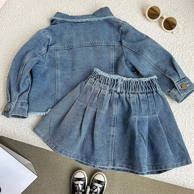 Retro Blue Long-sleeved Girls' Denim Jacket Pleated Skirt Suit Two-piece Set