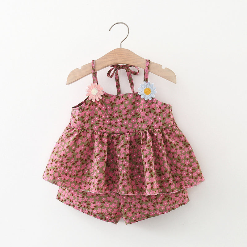 Baby Girl Summer Floral Suspender and Shorts Two-piece Set