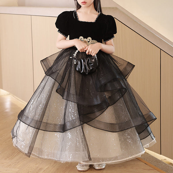 Elegant Baby Black Puff Sleeve Baptism Dresses Toddler Prom Dress