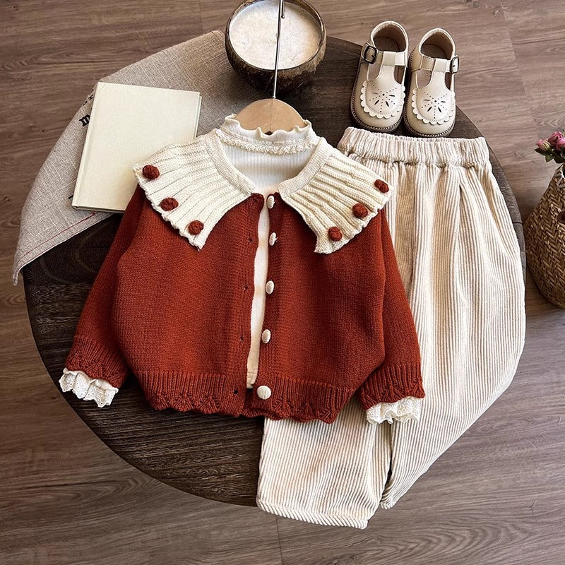 Girls Christmas Sweater Cardigan Bottoming Shirt Pants Three-piece Set