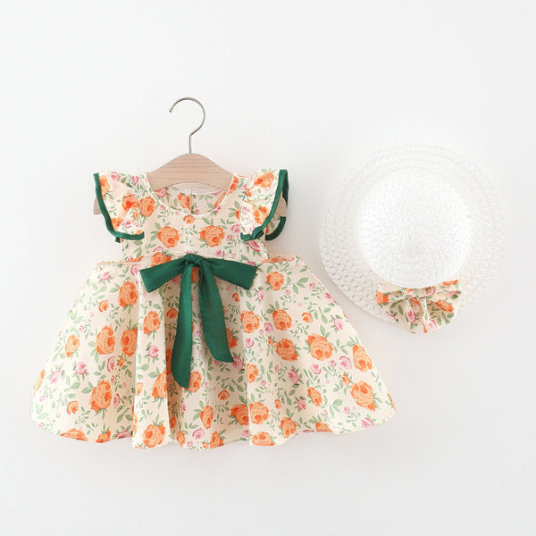 Baby Girl Dress Bow-knotted Floral Dress with Flying Sleeves