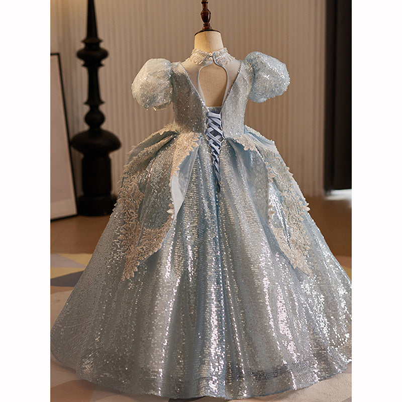 Elegant Baby Girls Light Blue Hollow Sequin Pattern Long Skirt Toddler Birthday Evening Dress