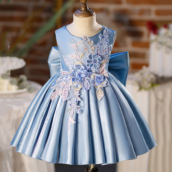 Baby Girl Embroidery Flower Big Bowknot Pageant Sleeveless Princess Dress