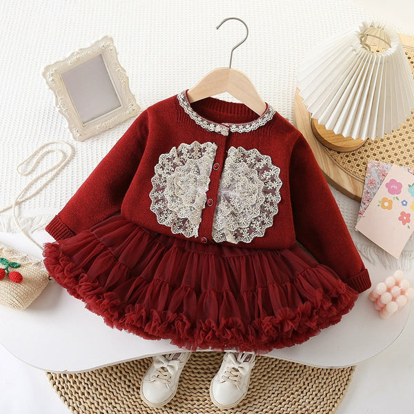 Girls Christmas Knitted Cardigan Mesh Tulle Tutu Skirt Two-Piece Set
