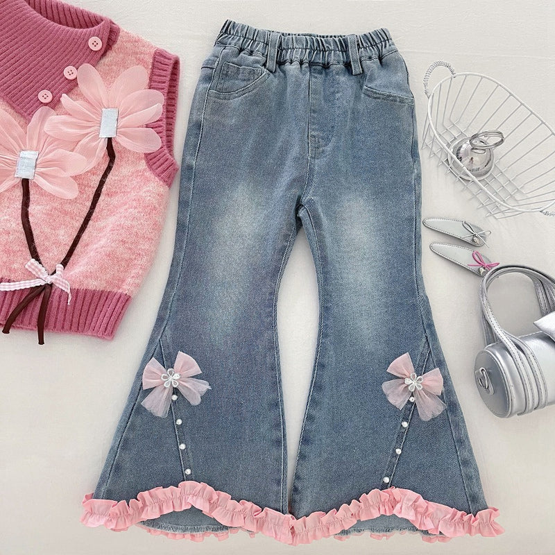 Girls' Autumn Floral Vest Shirt and Flared Jeans Three-Piece Set
