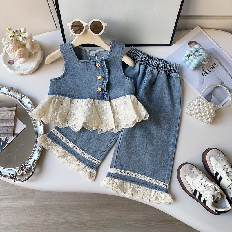 Spring Girls Sleeveless Denim Vest Pants Two-Piece Set