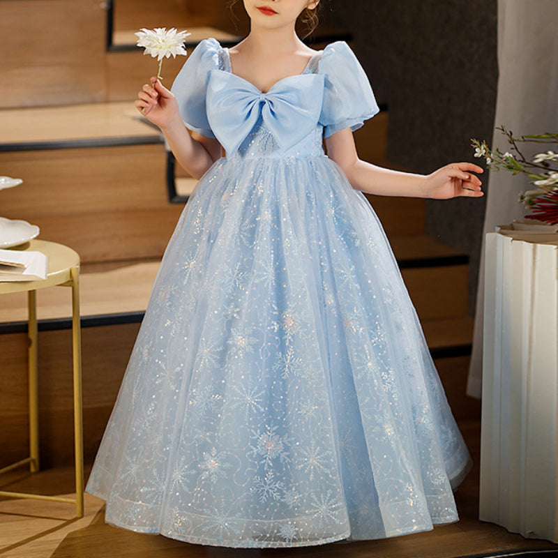 Children's Dress Princess Dress Birthday Girl's High-end Fluffy Yarn Flower Girl Dress, Blue / 2-3 Years (100cm)