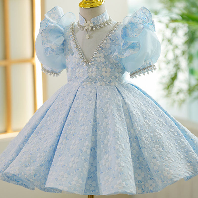 Baby Girl Pearl Neckline Puff Sleeves Flower Pageant Princess Dress