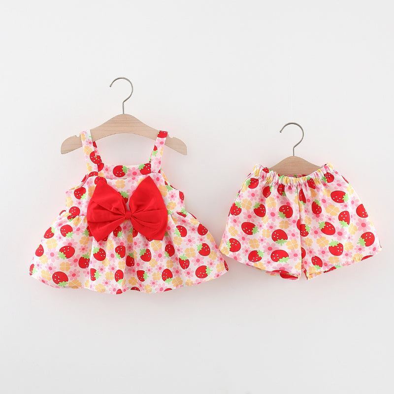 Summer Baby Girl Strawberry Print Bow-knot Suspender Suit