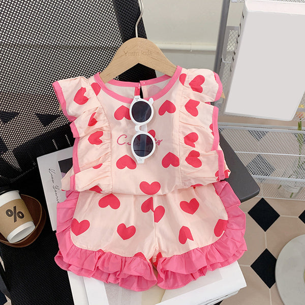 Cute Baby Girl Love Butterfly Sleeve Top and Shorts Two-piece Set