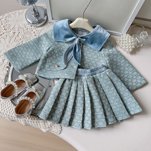 Girls' Cute Autumn Jacket and Pleated Skirt Two-piece Set