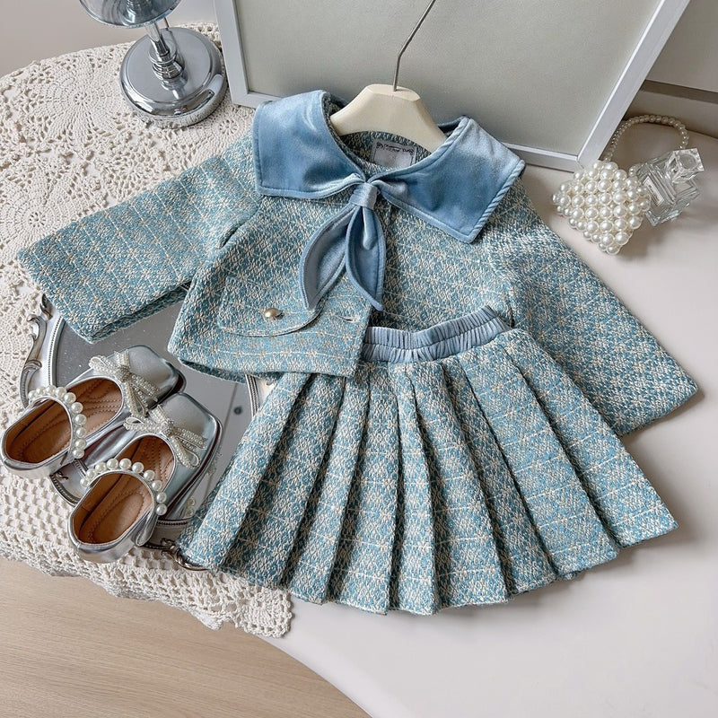 Girls' Cute Autumn Jacket and Pleated Skirt Two-piece Set