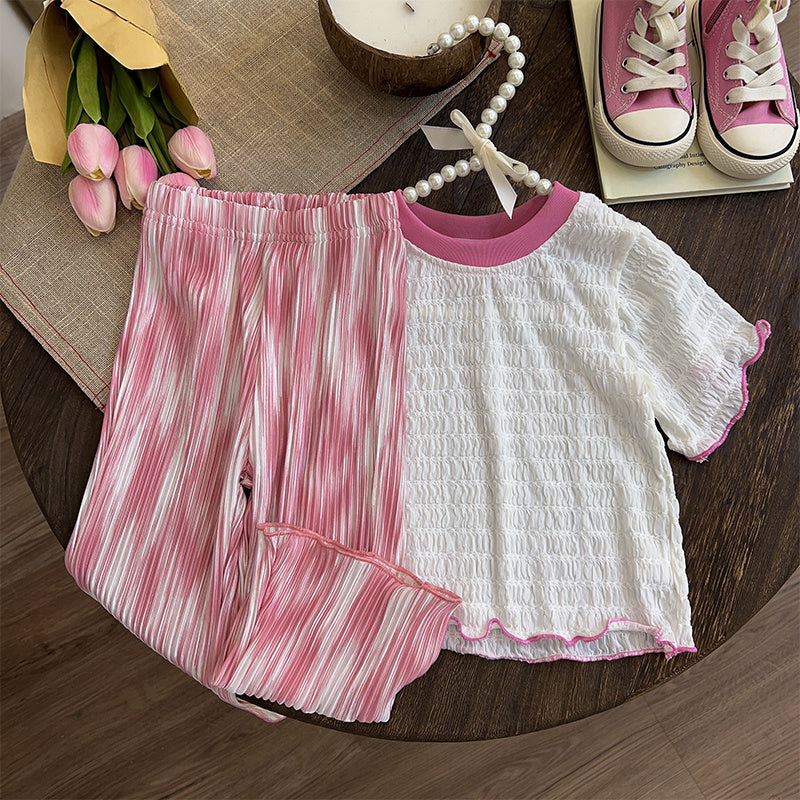Baby Summer Thin Girls Ice Silk Top Pants Two Piece Set