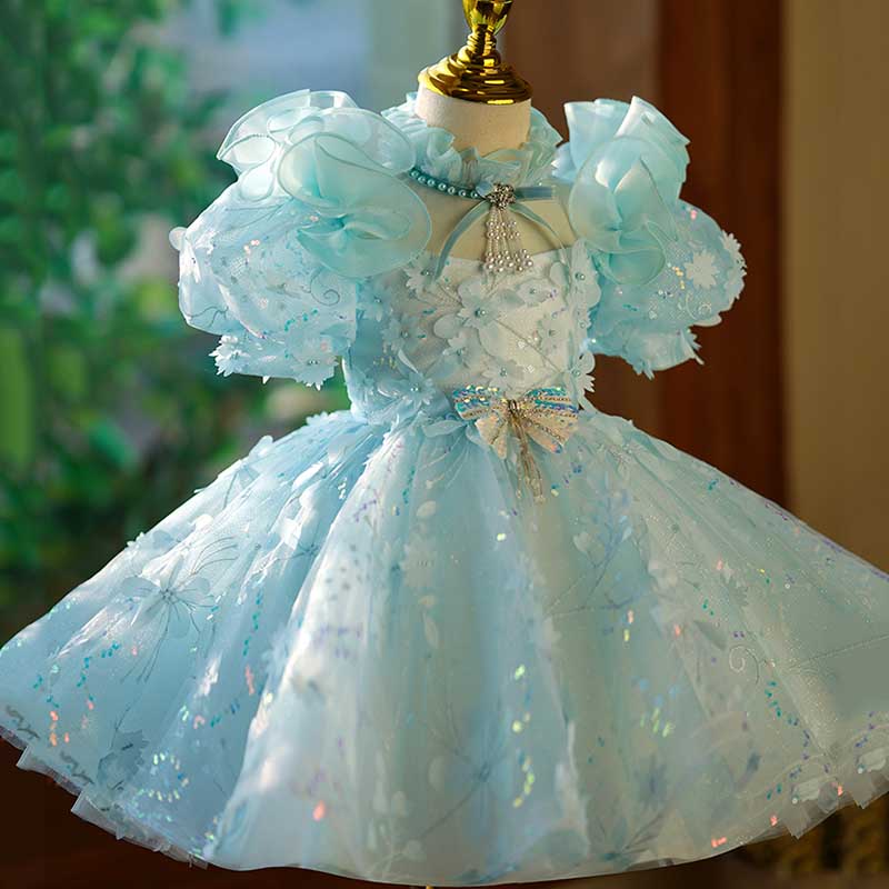 Baby Girl Dress Toddler Birthday Pageant Wedding Sequin Bow Fluffybow Puff Sleeves Dress