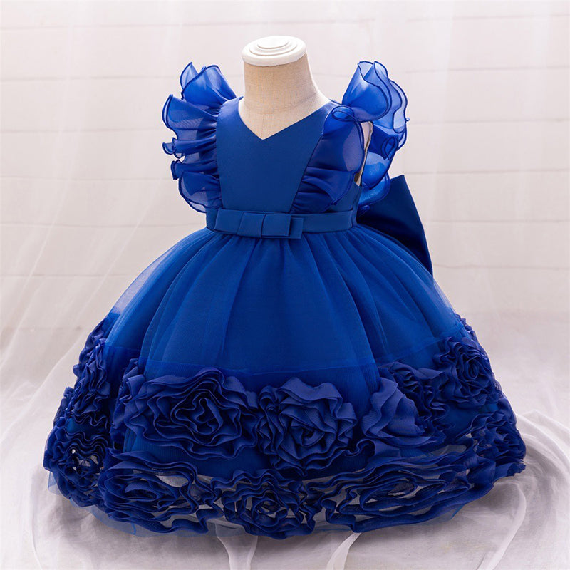 Birthday Dress with Floral Skirt and Small Flying Sleeves