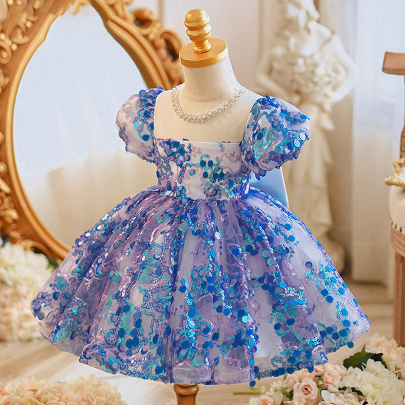 Toddler Ball Gowns Girl Fluffy Dress Blue Sequins Party Communion Princess Dress
