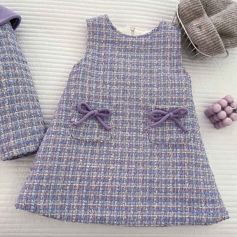 Girls' Winter Collared Plaid Coat Vest Dress Two-Piece Set