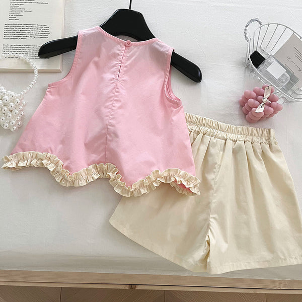 Girls Summer 3D Flower Vest Shorts Two-Piece Set