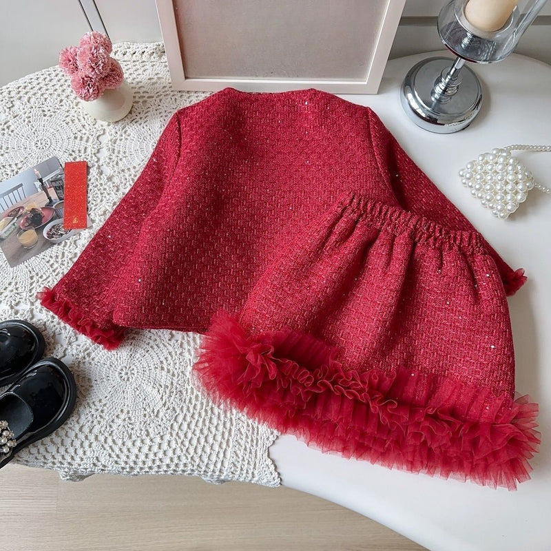New Girls' Winter Christmas Coat Skirt Two-piece Set