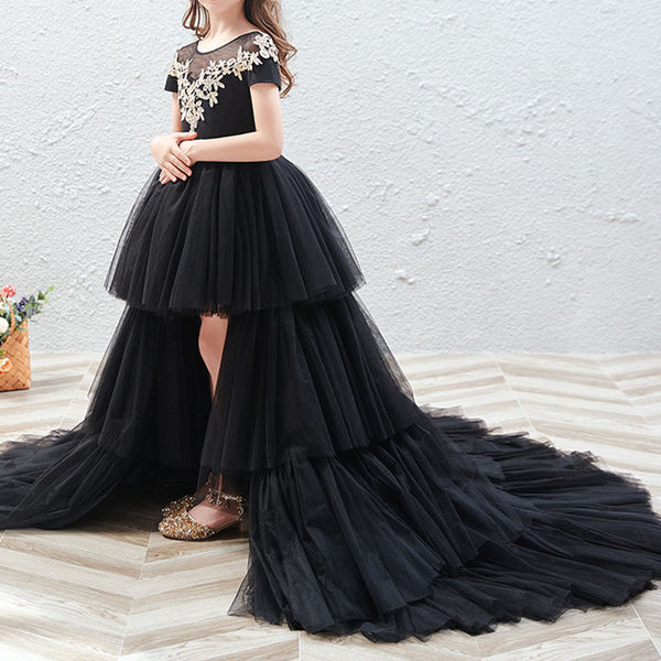 Girls Tulle Tail Dress Flower Black Princess Dress