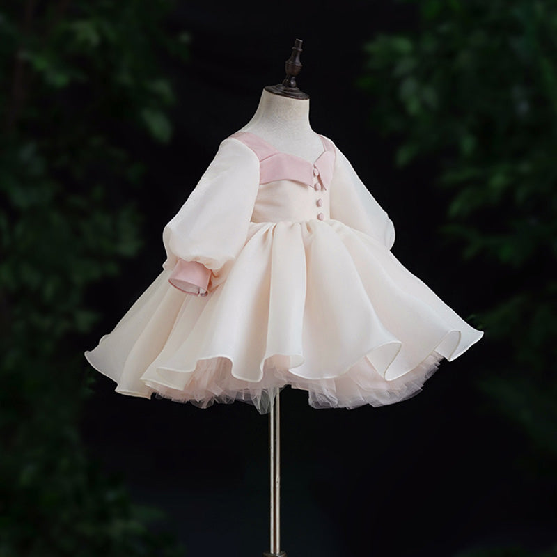 Sweet Baby Girl Beige Long Sleeve Mesh Princess Dress Toddler First Communion Dress