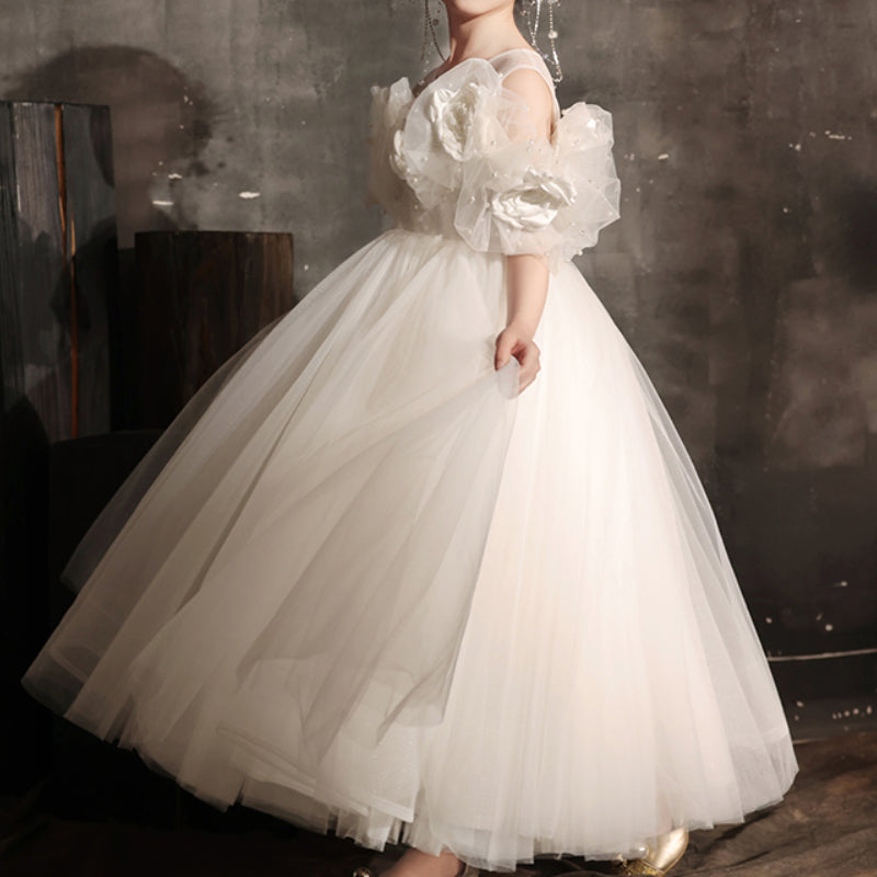 Flower Girl White Wedding Dress Girl Birthday Prom Princess Dress