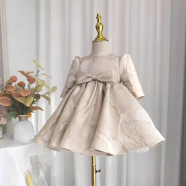 Elegant Baby One Year Old Long-sleeved Printed Satin Princess Dress Toddler's First Christening Dress