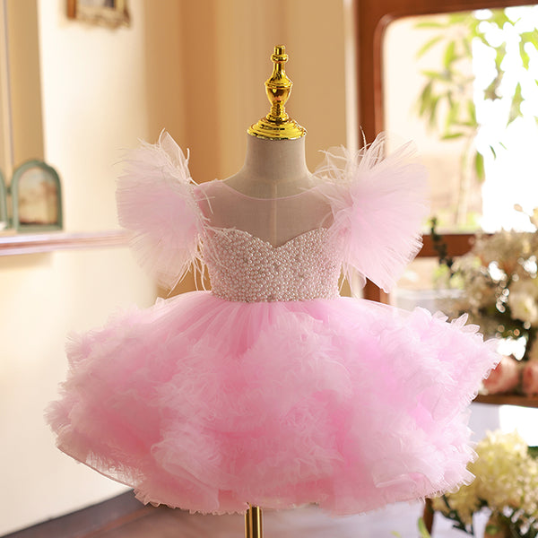 Baby Girl Birthday Party Pearl Chiffon Back Zipper Princess Dress