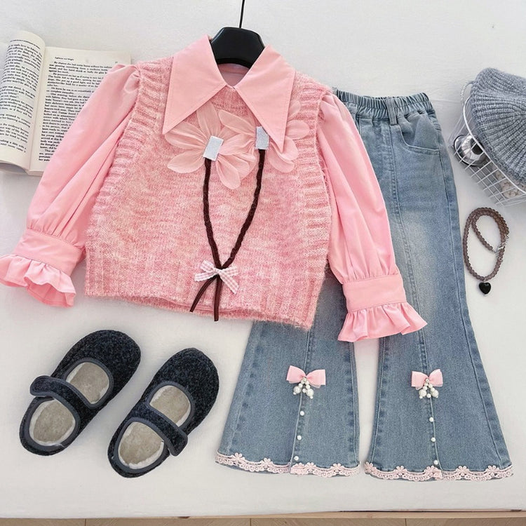 Baby Girl Vest Shirt and Flared Jeans Three-Piece Set